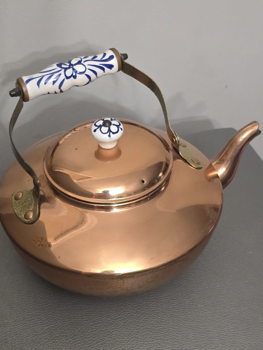 Vintage ODI Portugal Solid Copper Tea Kettle Blue White Hand Painted Ceramic Han